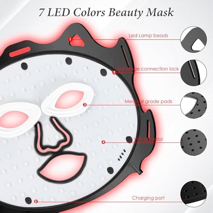 KASTWAVE RED LIGHT THERAPY FOR FACE, 7-1 COLORS LED FACIAL SKIN CARE MASK, RED LED FACE MASK LIGHT THERAPY AT HOME, LED FACE MASK LIGHT THERAPY, BLACK - Image 4